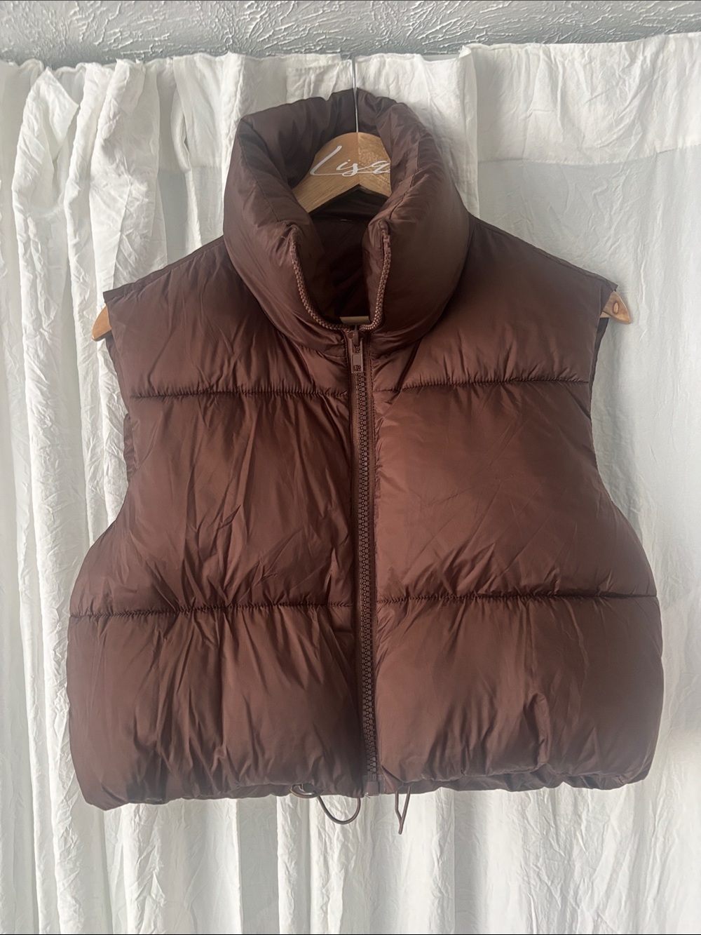 Brown Puffer Crop Vest with High Collar